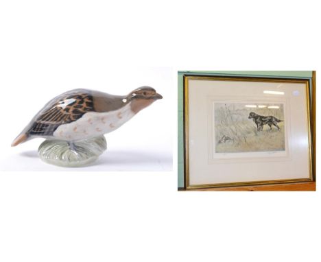 A Henry Wilkinson engraving of a flat coated retriever and partridge; and a Royal Copenhagen English partridge (2)
