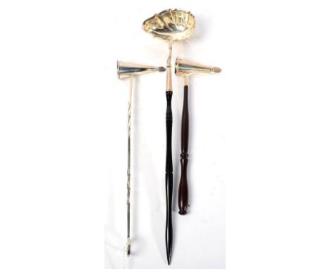 A silver toddy ladle; and two candle snuffers