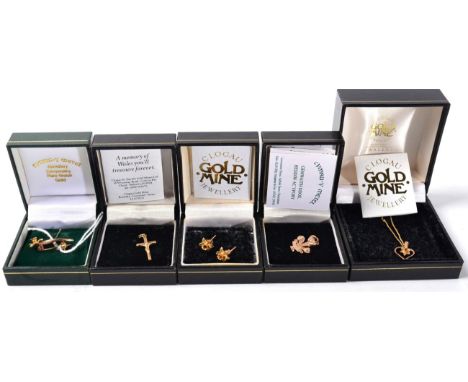 A pair of 9 carat gold Clogau daffodil earrings and matching brooch and pendant on chain and a 9 carat gold cross and fleur d
