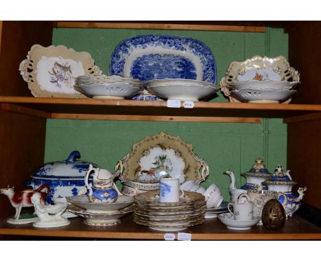 Two shelves of 19th century ceramics including dessert service, teapot, blue and white tureen, Royal Worcester, etc One large