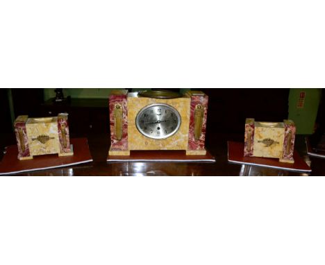 A marble mantel timepiece with garniture and a German striking mantel clock 