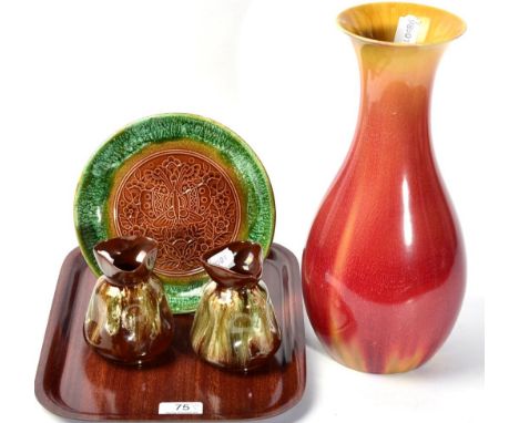 A pair of Linthorpe pottery vases and a plate, designed by Christopher Dresser; together with a Linthorpe pottery vase (4)