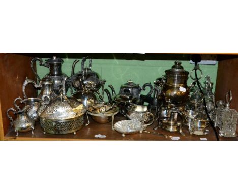 A shelf and a box of silver plated hallwares, tablewares, flatware etc