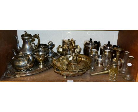 A selection of silver plated items including a four piece Viners plated tea service; and three pairs of silver mounted spill 