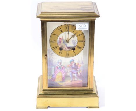 A brass and porcelain mounted striking mantel clock, circa 1900, side porcelain panels depicting figures in costume, porcelai