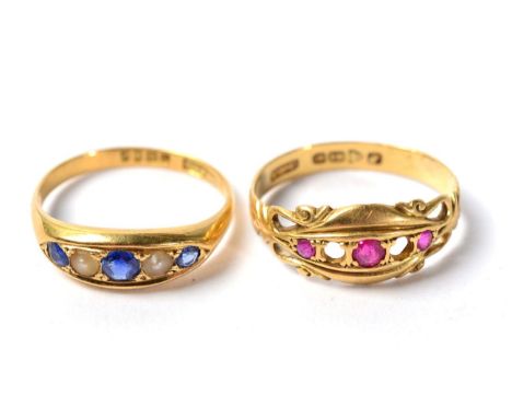 An 18 carat gold sapphire and pearl ring, finger size N1/2; and an 18 carat gold ruby ring (a.f.), 6.4g gross (2)