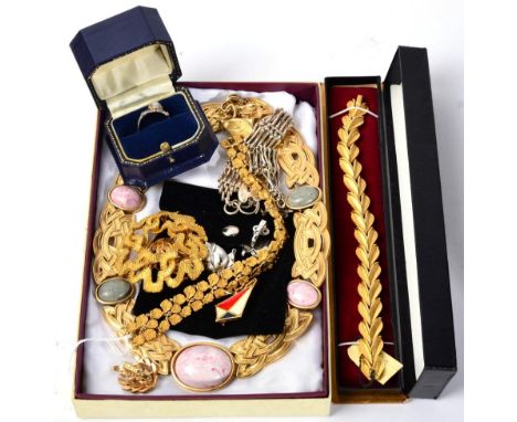 A group of Trifari gilt metal jewellery, including, a bracelet of double leaf design, length 18.5cm, with original tag; anoth