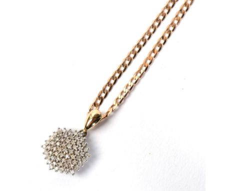 A 9 carat gold diamond cluster pendant on a 9 carat gold cuban link chain necklace, 7.6g