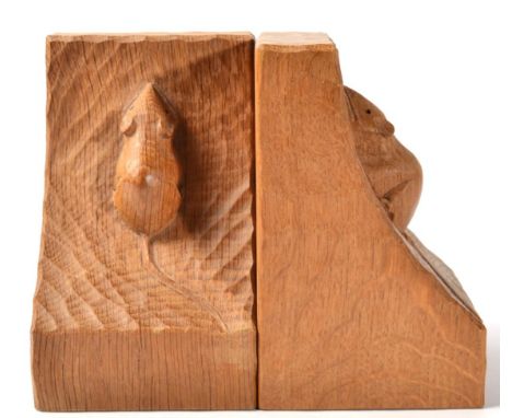 Mouseman: A pair of Robert Thompson English oak bookends 