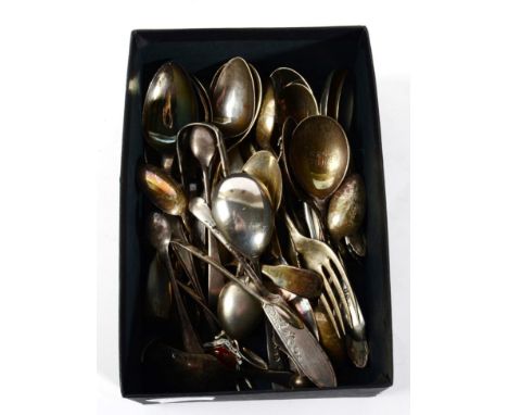 A quantity of assorted silver spoons, forks; tongs etc, including souvenir examples; caddy spoons etc 