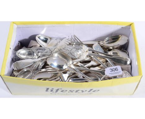 A composite part service of George IV-Victorian silver fiddle pattern flatware, various makers including William Eaton, compr