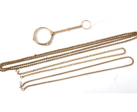 A chain with clasp stamped '375'; a yellow metal chain; a gilt metal belcher chain; and a lorgnette (4)