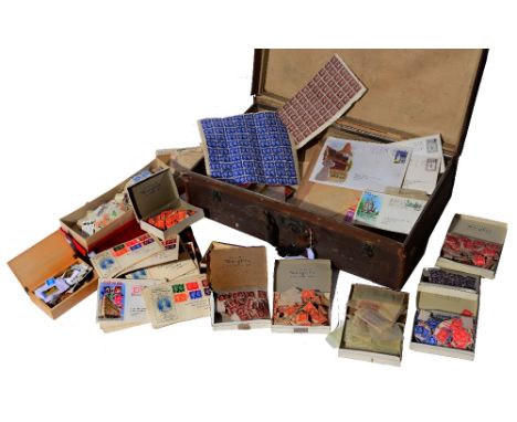 AN OLD SUITCASE CONTAINING 1930'S-40's duplicated stock of Commonwealth and European stamps featuring GB 1940 Stamp Centenary