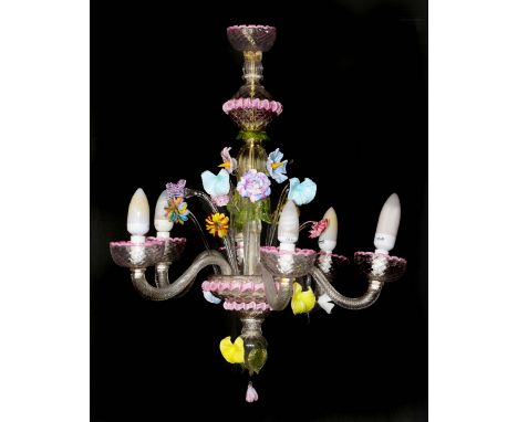 A MURANO GLASS SIX BRANCH CHANDELIER with coloured flower and scrolling ornament, approximately 75cm high x 60cm across