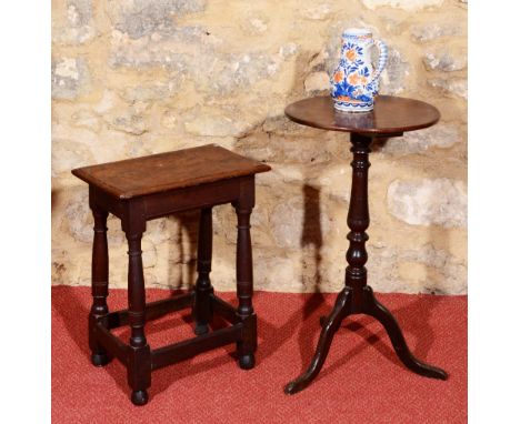 A 17TH CENTURY STYLE OAK RECTANGULAR JOINT STOOL on ring turned baluster legs and stretcher support, 45cm wide 