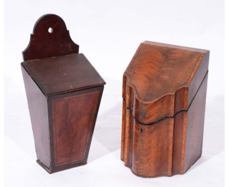 A GEORGE III MAHOGANY SERPENTINE KNIFE BOX converted to a correspondence box, 22cm wide; and a 19th Century mahogany candle b