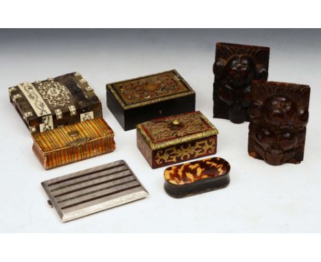 A GROUP OF FIVE BOULLEWORK and other boxes, a pair of carved walnut furniture mounts and an engine turned cigarette case (8)