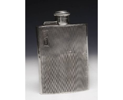 A WWII PERIOD ENGINE TURNED SILVER HIP FLASK inscribed Louis á Jamais, Dilys 16/12/40, 12.5cm high