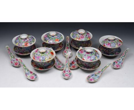 A SET OF FIVE CHINESE REPUBLICAN PERIOD RICE BOWLS AND COVERS with saucers and spoons
