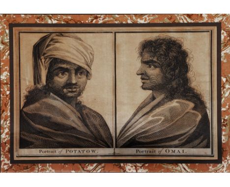 A 19TH CENTURY MONOCHROME ETCHING depicting a portrait of Potatow and a portrait of Omai, 22 x 33cm framed
