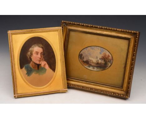 A 19TH CENTURY OVAL MINIATURE WATERCOLOUR of a ruined building with cattle in the foreground, 11 x 8cm and an oval portrait o