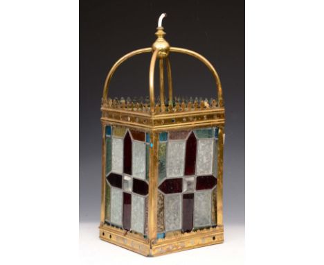 A VICTORIAN STYLE BRASS HANGING LANTERN with coloured glass panels, 47cm high