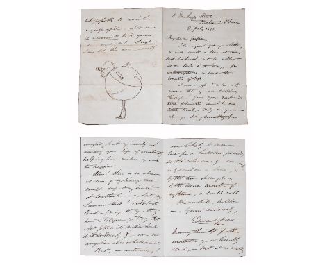 EDWARD LEAR (1812-1888) A signed letter to the Hon. Augusta Bethell (Gussie), written in ink and with caricature self portrai