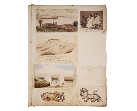 FIVE PAGES OF WATERCOLOUR SKETCHES AND PHOTOGRAPHS from a Victorian album with Grubb family connections relating to Military 