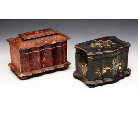 AN EARLY 19TH CENTURY TORTOISESHELL TEA CADDY with twin divisional interior and hinged rising lid, 20cm wide; and a Victorian