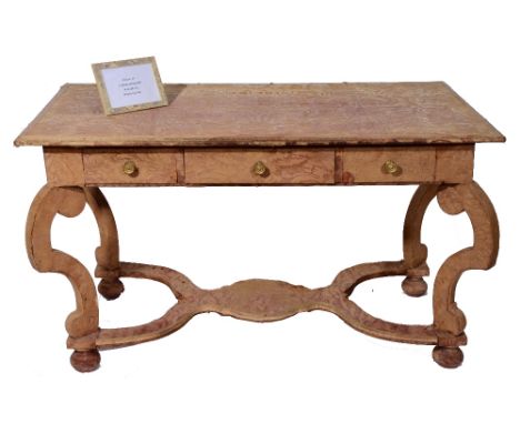 A WILLIAM AND MARY STYLE FABRIC COVERED RECTANGULAR DRESSING OR WRITING TABLE fitted three drawers on shaped supports, labell