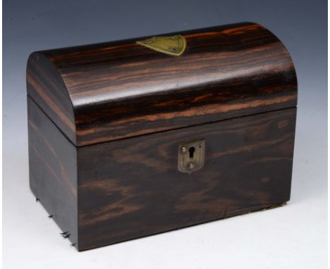 A VICTORIAN COROMANDEL WOOD DOME TOP TEA CADDY with twin divisional interior, 18cm wide