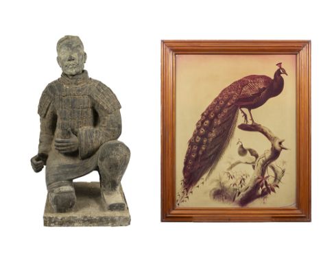 "Chinese Han warrior" sculpture in ceramic and a depiction of a bird  prov : collection of the Antwerp ZooLot (2) met een voo