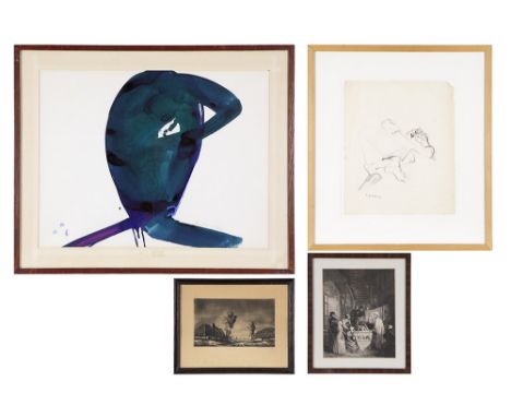 various lot of four works amongst which a lithograph by A. Dillens (1857) and an ink drawing dated 1970Lot van vier werken wa