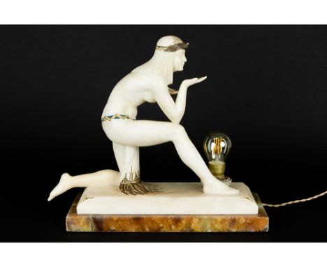 BATTIGLIO EUGENIO (19° - 20° EEUW)Italian Art Deco sculpture with lamp in alabaster - signed Eugenio BattiglioBATTIGLIO EUGEN