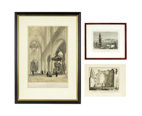 three old prints amongst which an etching with the ruin of the Isis and Serapis temple in RomeLot van 3 oude prints met onder