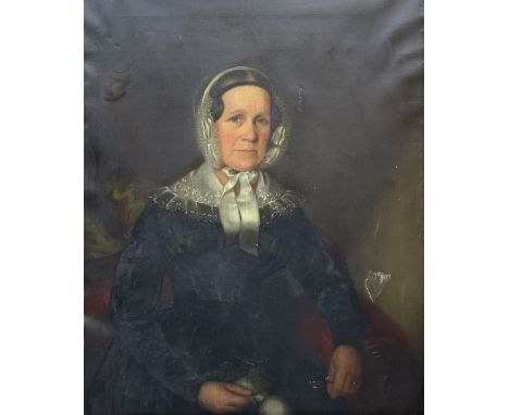 Benjamin Hudson (British c.1823-1900) Half Length Portrait of a Victorian Lady Knitting, oil on canvas signed, housed in heav