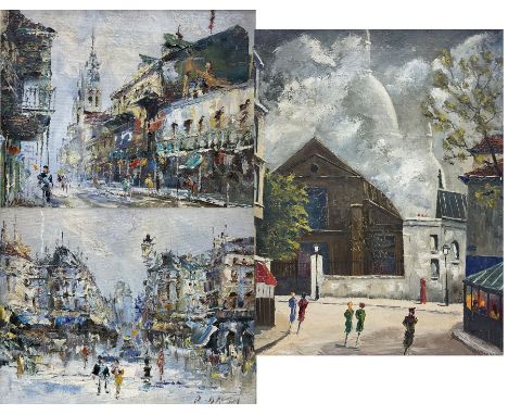 R Boy (Continental mid 20th century): Figures at a Street Corner, oil on canvas signed; French School (20th century): Impress