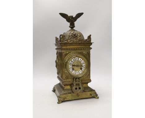 A French brass eagle mounted mantel clock, with ornate dial, 41cm high