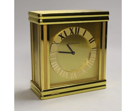 A Tiffany &amp; Co. Swiss made brass clock, 14cm wide, 15.5cm high