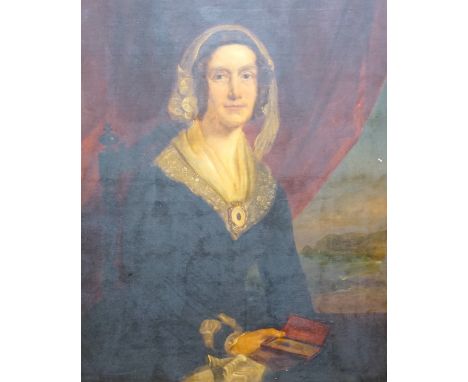 19th century English School, oil on canvas, Half length portrait of a lady holding a daguerreotype, 90 x 70cm