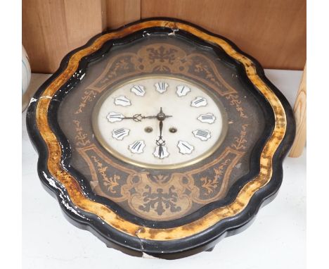 A  late 19th century oval French marquetry wall clock with enamel Roman numerals, 62cm high