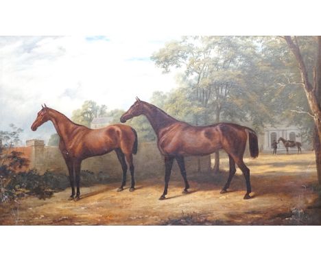 English School c.1900, oil on canvas, Portrait of two racehorses standing in parkland, a groom and another horse beyond, 48 x