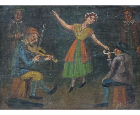 P.E.L., 17th century style, oil on panel, Musicians and dancing woman, initialled, 10 x 13cm