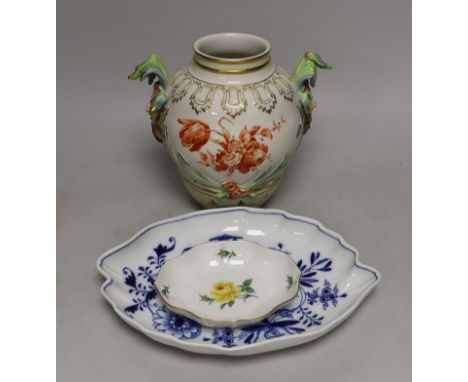 A Meissen onion pattern dish, a similar pin dish and a Berlin KPM vase (drilled), KPM vase 21cm high