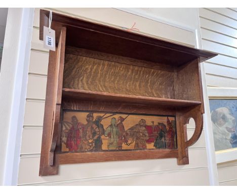 An Arts &amp; Crafts oak shelf unit with stencilled decoration after Brangwyn, width 78cm, height 52cm