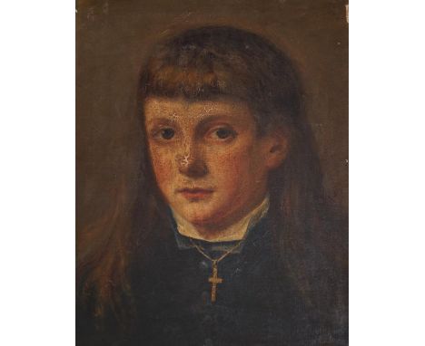 19th century English school, oil on canvas, Portrait of a youth wearing a crucifix, 34 x 27cm, unframed