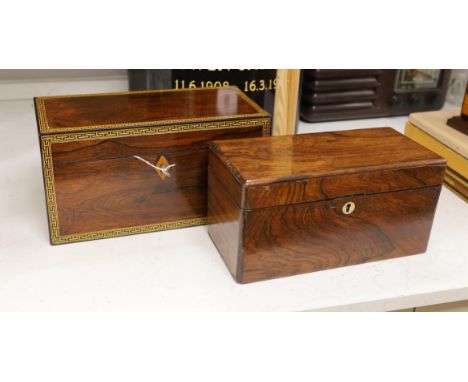 A Victorian rosewood tea caddy with ornate stringing and fitted interior and a mahogany tea caddy, interior missing, rosewood