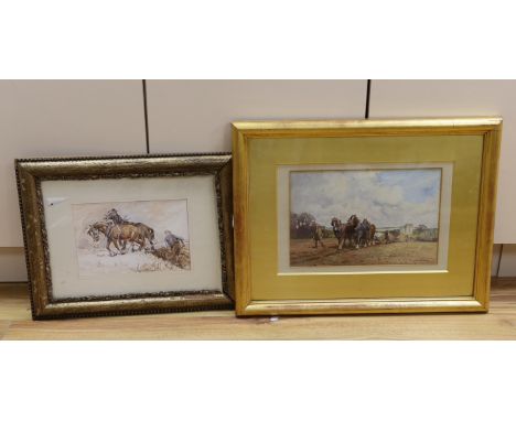 Ernest George Beach (1865-1943), watercolour, Saltwood Castle, signed, 23 x 35cm, and a sketch of plough horses, 18 x 26cm