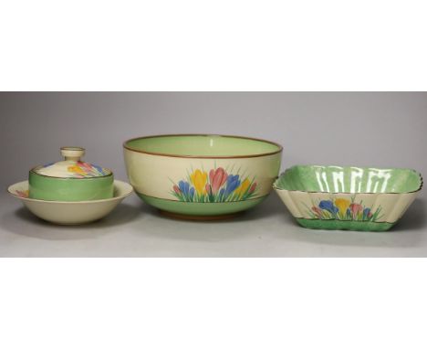 Clarice Cliff 'Spring Crocus': three bowls and a preserve pot and cover (4)