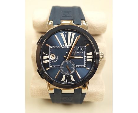 A gentleman's modern stainless steel Ulysse Nardin Dual Time automatic wrist watch, with blue dial and Roman numerals, on Uly